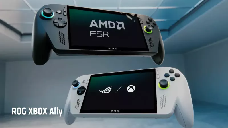 Crni ROG Xbox Ally X i beli ROG Xbox Ally, sa logotipima AMD FSR, ROG i Xbox na ekranima.