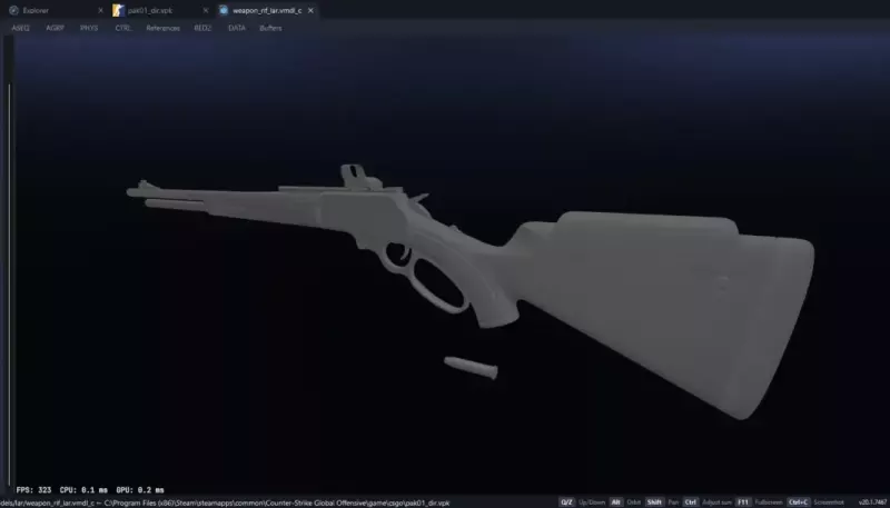 Sivi razvojni model puške LAR sa nišanom i polugom, otvoren u pregledniku Counter-Strike 2 fajlova.