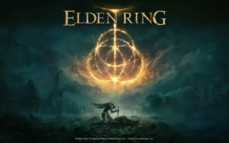 Elden Ring promotivna ilustracija sa oklopljenim ratnikom koji kleči ispod zlatnog simbola Elden Ringa.