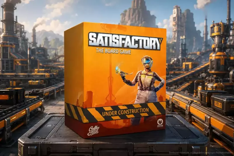 Kutija društvene igre Satisfactory: The Board Game sa ilustracijom FICSIT radnika, postavljena ispred fabrika i pokretnih traka.
