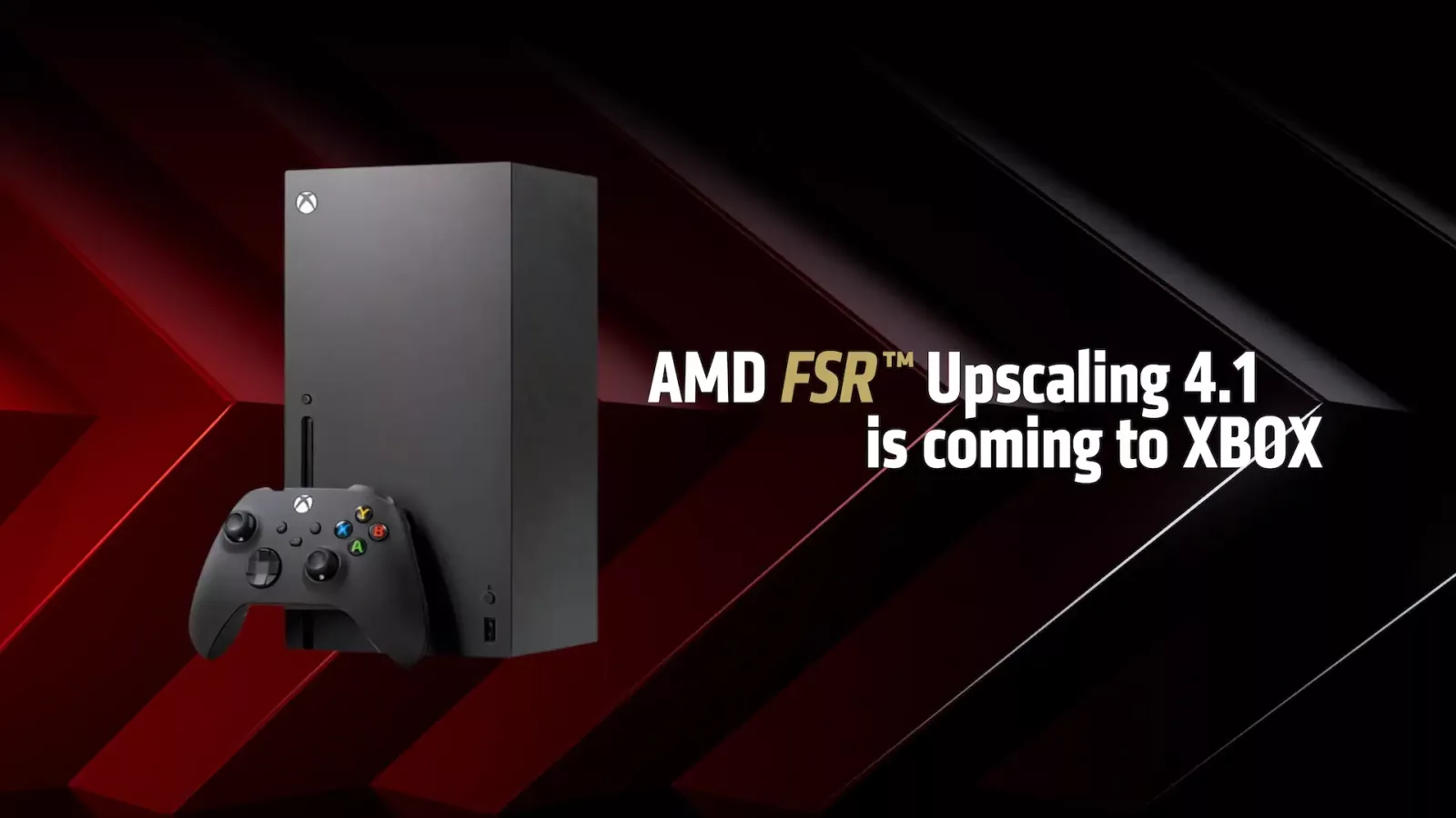 Xbox Series X konzola i kontroler uz natpis koji najavljuje dolazak AMD FSR Upscaling 4.1 na Xbox.