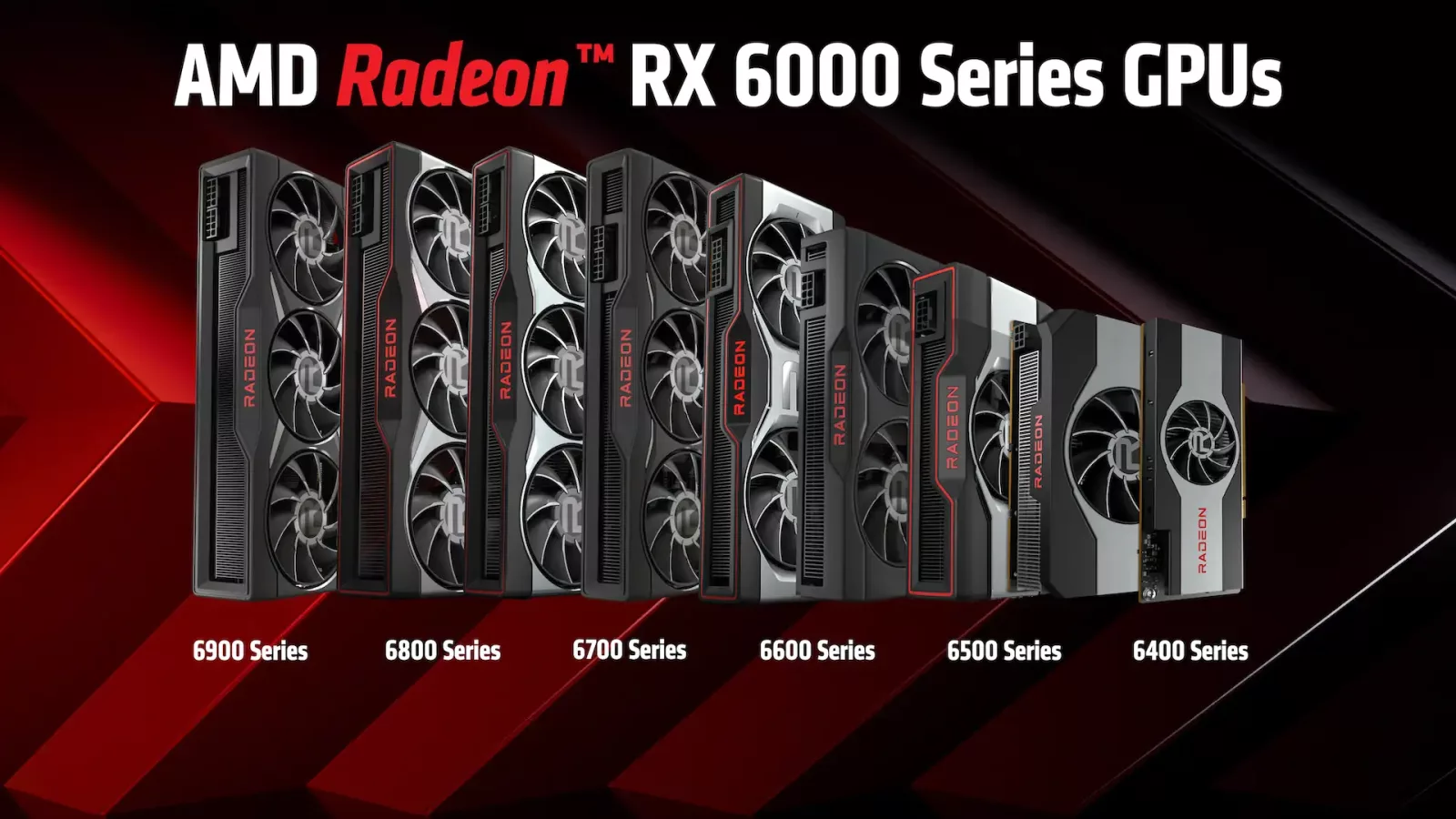 AMD Radeon RX 6000 grafičke kartice poređane na crveno-crnoj pozadini, sa oznakama serija RX 6900, 6800, 6700, 6600, 6500 i 6400.