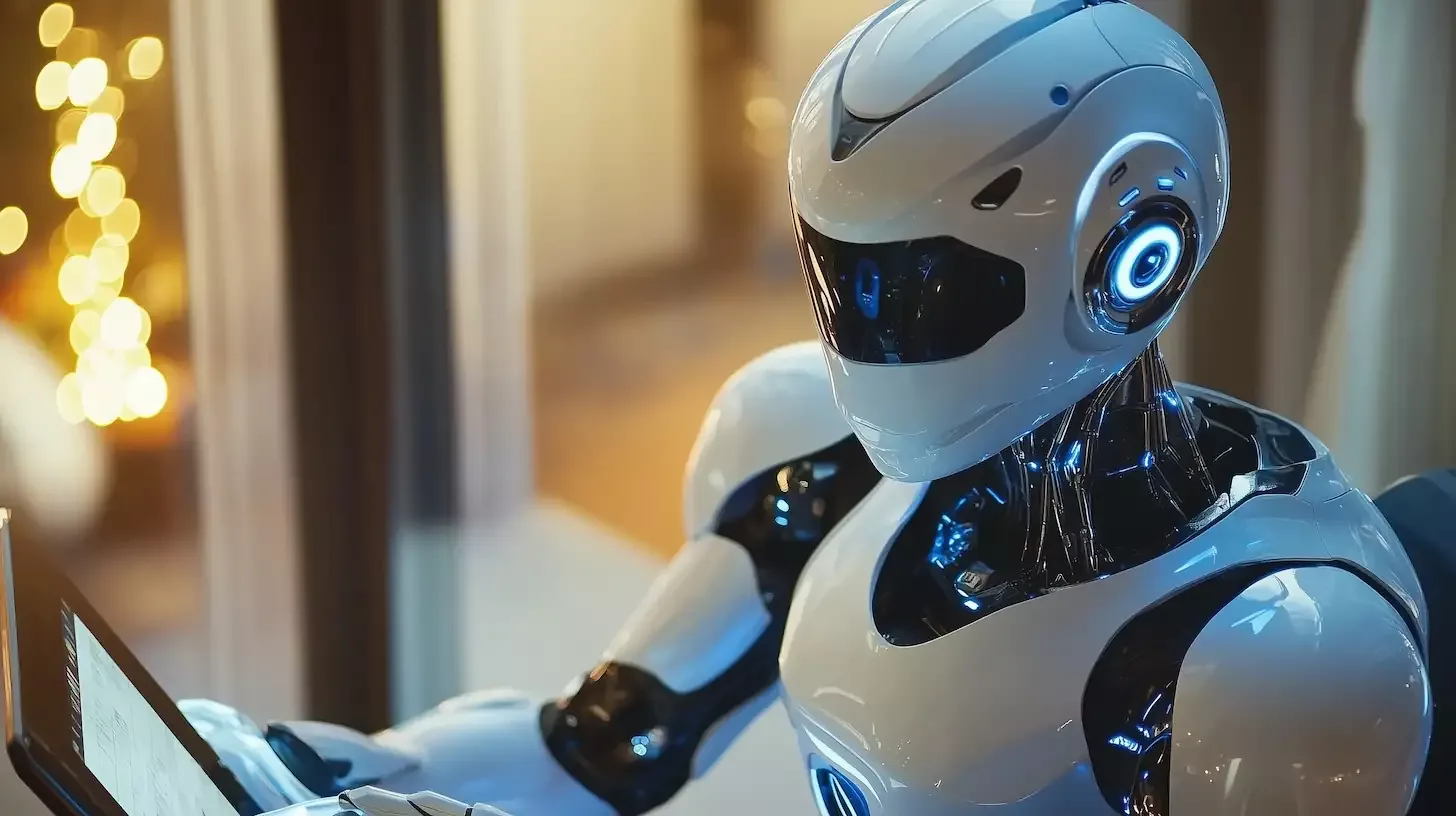 Humanoidni robot sedi za radnim prostorom i posmatra predmet ispred sebe.