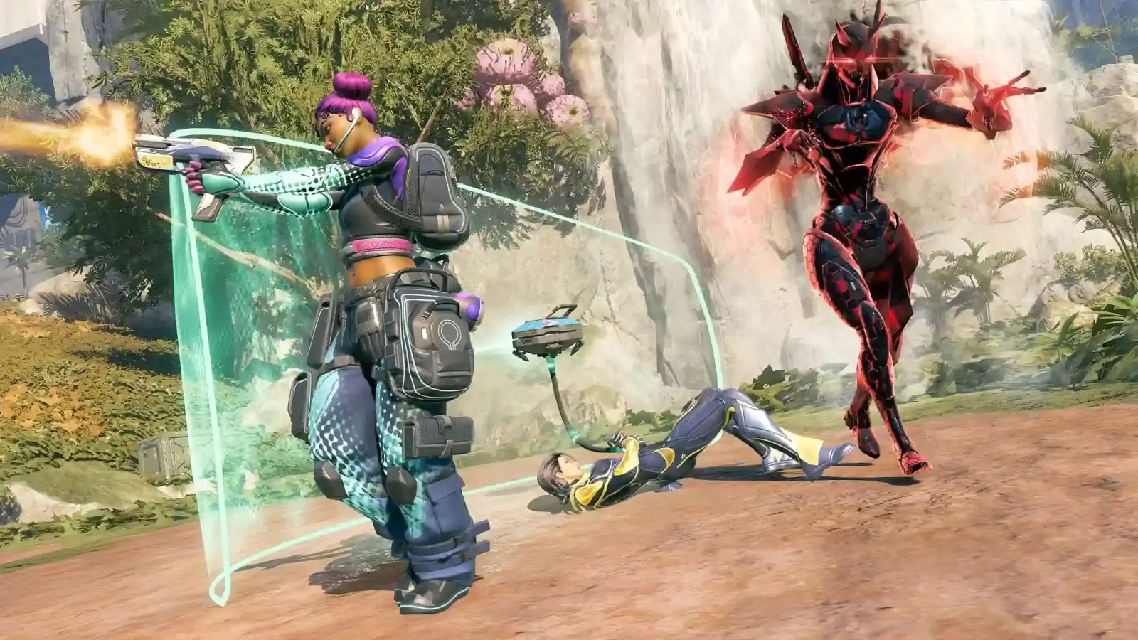 Lifeline puca iza energetskog štita dok D.O.C. podiže Horizon, uz Revenanta sa aktivnim ultimateom u Apex Legends: Cipher.