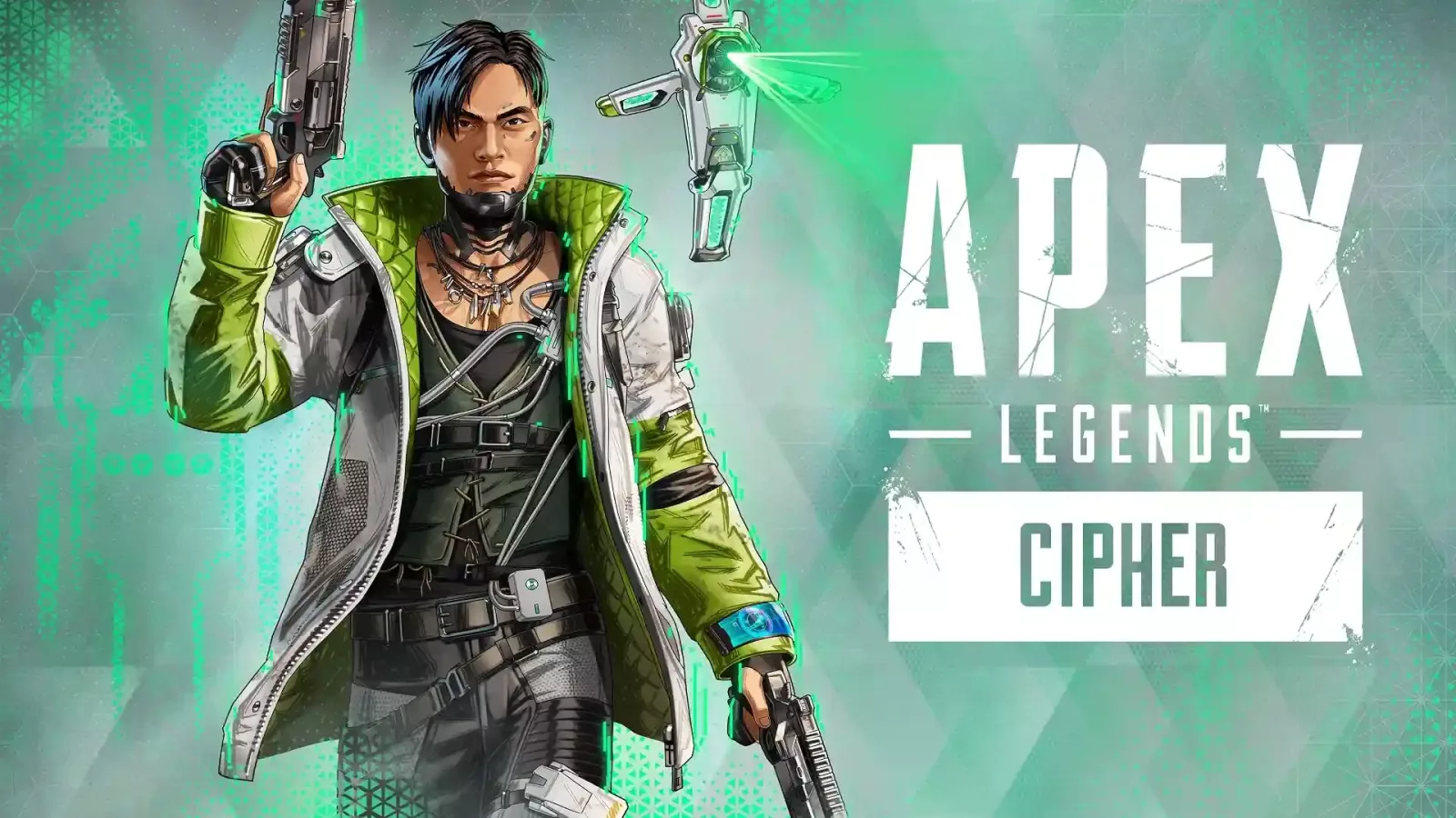 Crypto sa oružjem i zeleno osvetljenim dronom pored logotipa Apex Legends Cipher