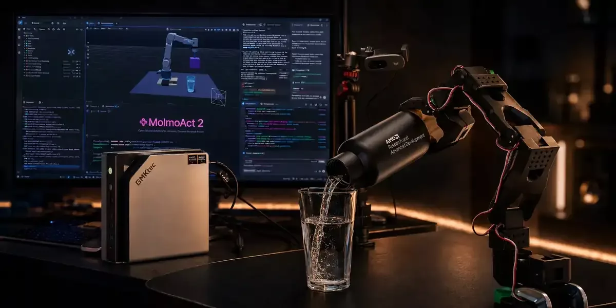 Robotska ruka i kompaktni računar prikazani u radnom okruženju za AI robotiku.