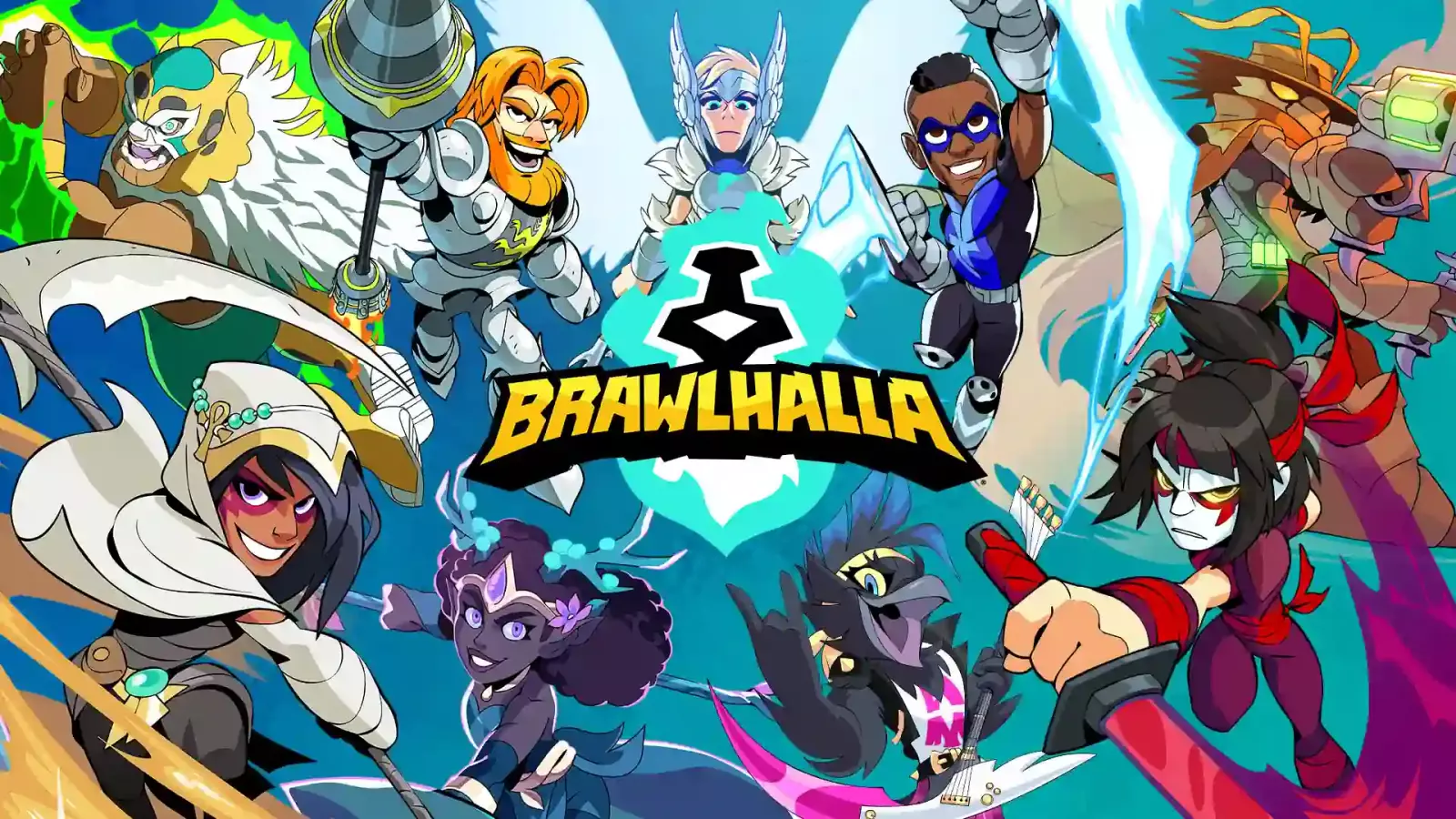 Brawlhalla borci sa različitim oružjem oko logotipa igre na plavoj pozadini.
