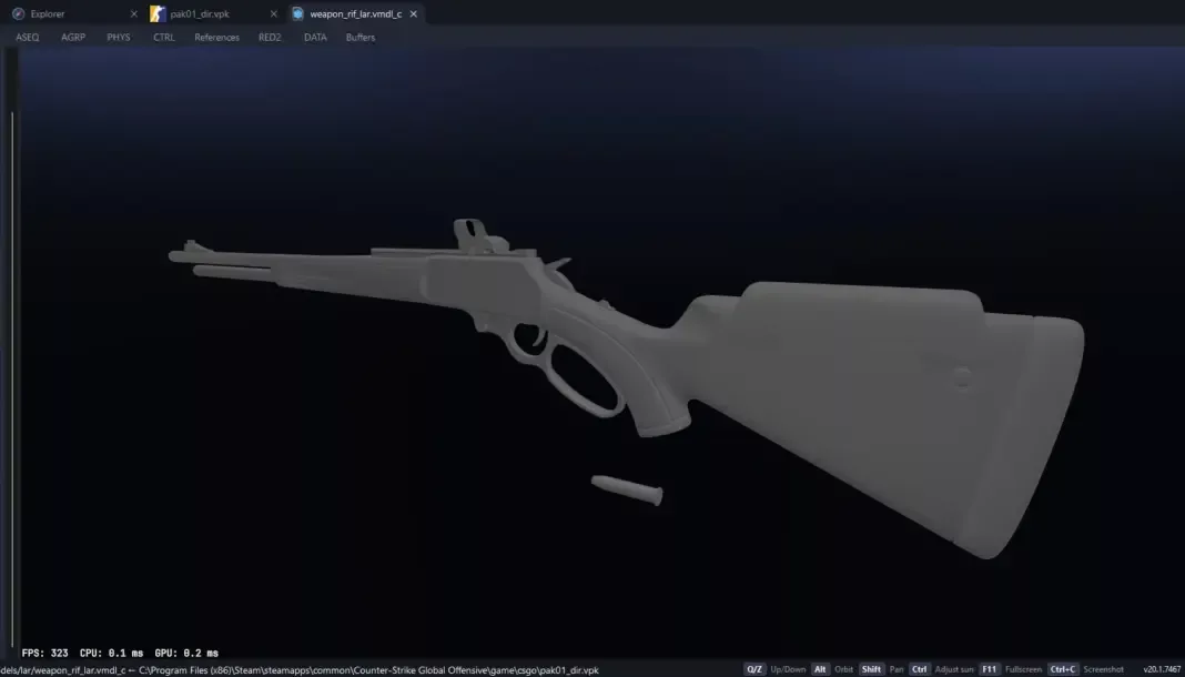 Sivi razvojni model puške LAR sa nišanom i polugom, otvoren u pregledniku Counter-Strike 2 fajlova.
