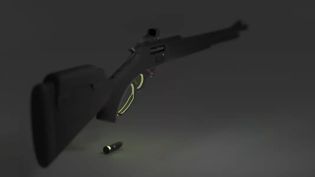 Razvojni model CS2 puške LAR prikazan ukoso, sa vidljivim kundakom, nišanom i polugom ispod okidača.