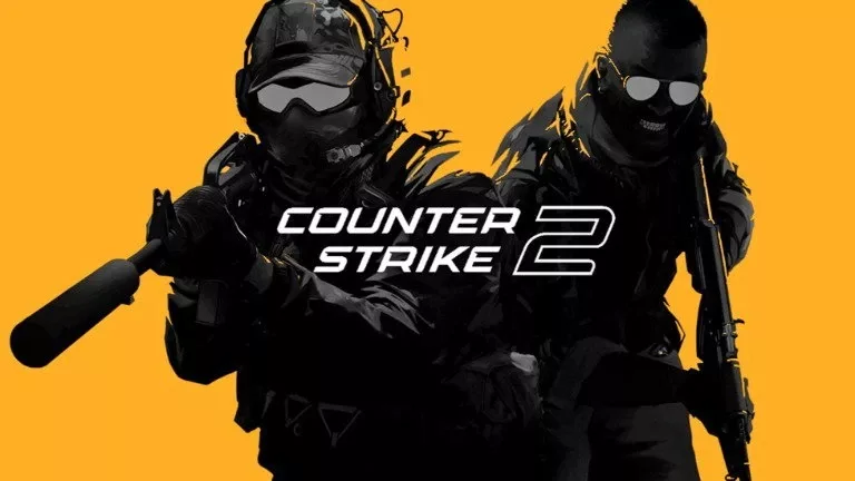 Dva naoružana operativca na narandžastoj pozadini sa belim Counter-Strike 2 logotipom.