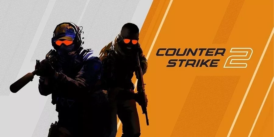 Dva naoružana operativca na sivoj i narandžastoj pozadini sa logotipom igre CS2.