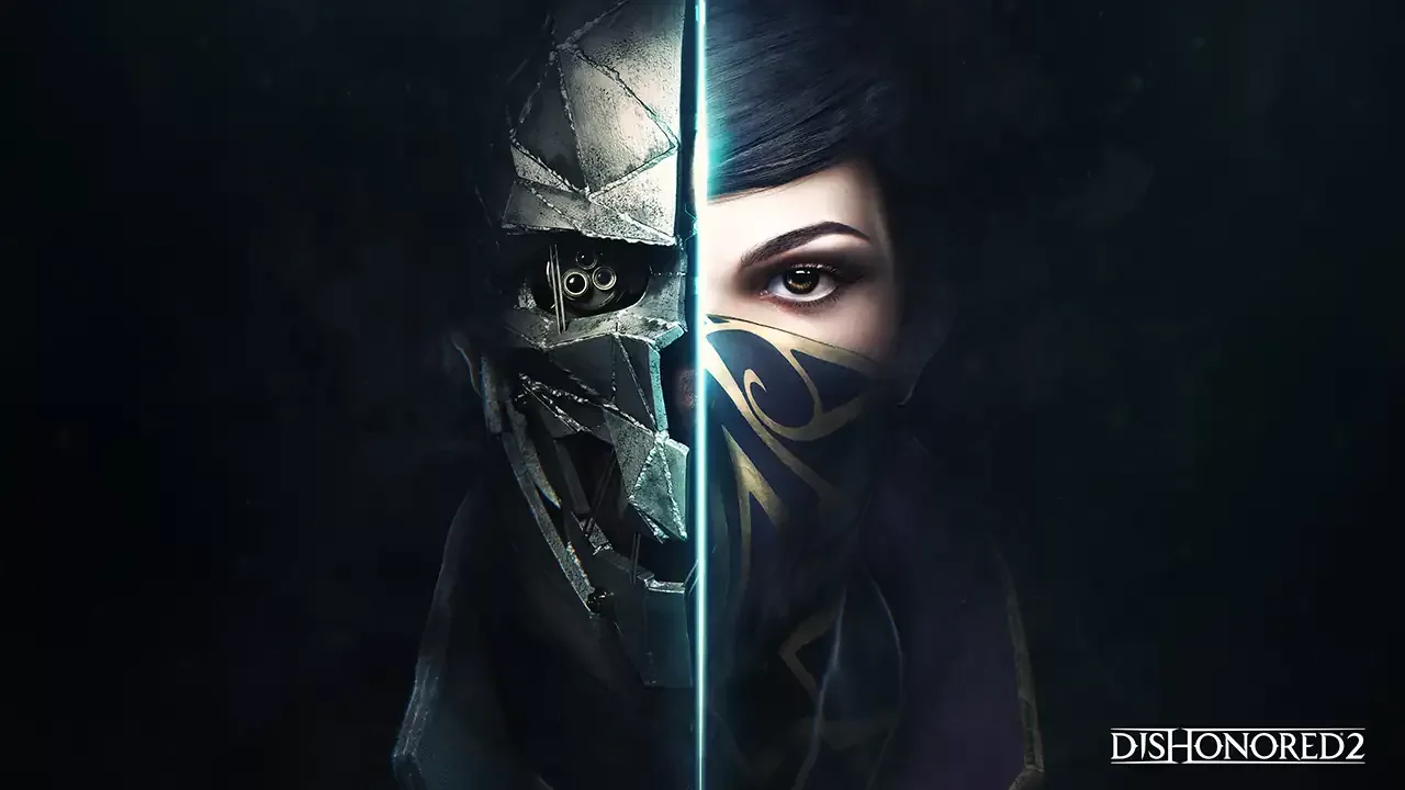 Corvo Attano sa metalnom maskom i Emily Kaldwin na promotivnoj ilustraciji igre Dishonored 2.