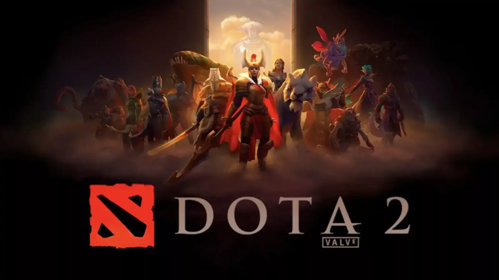 Grupa Dota 2 heroja u maglovitom okruženju, sa crvenim logotipom igre pri dnu ilustracije.