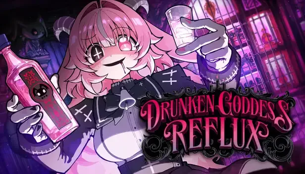 Ružičastokosa demonska junakinja igre Drunken Goddess Reflux sa očima različitih boja.