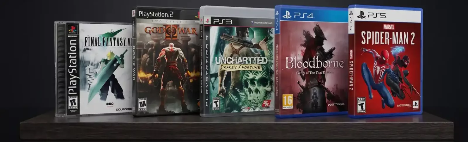 Kutije igara Final Fantasy VII, God of War II, Uncharted, Bloodborne i Spider-Man 2 poređane na polici, od PS1 do PS5.