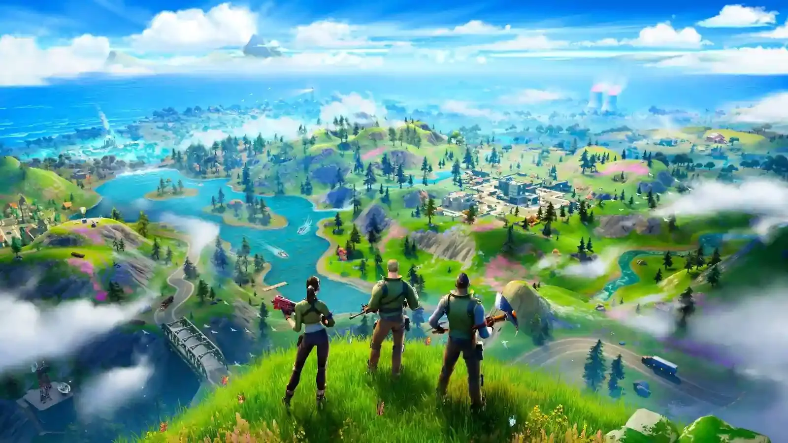 Fortnite likovi sa oružjem iza drvenog zaklona, dok se na nebu vidi leteći autobus.