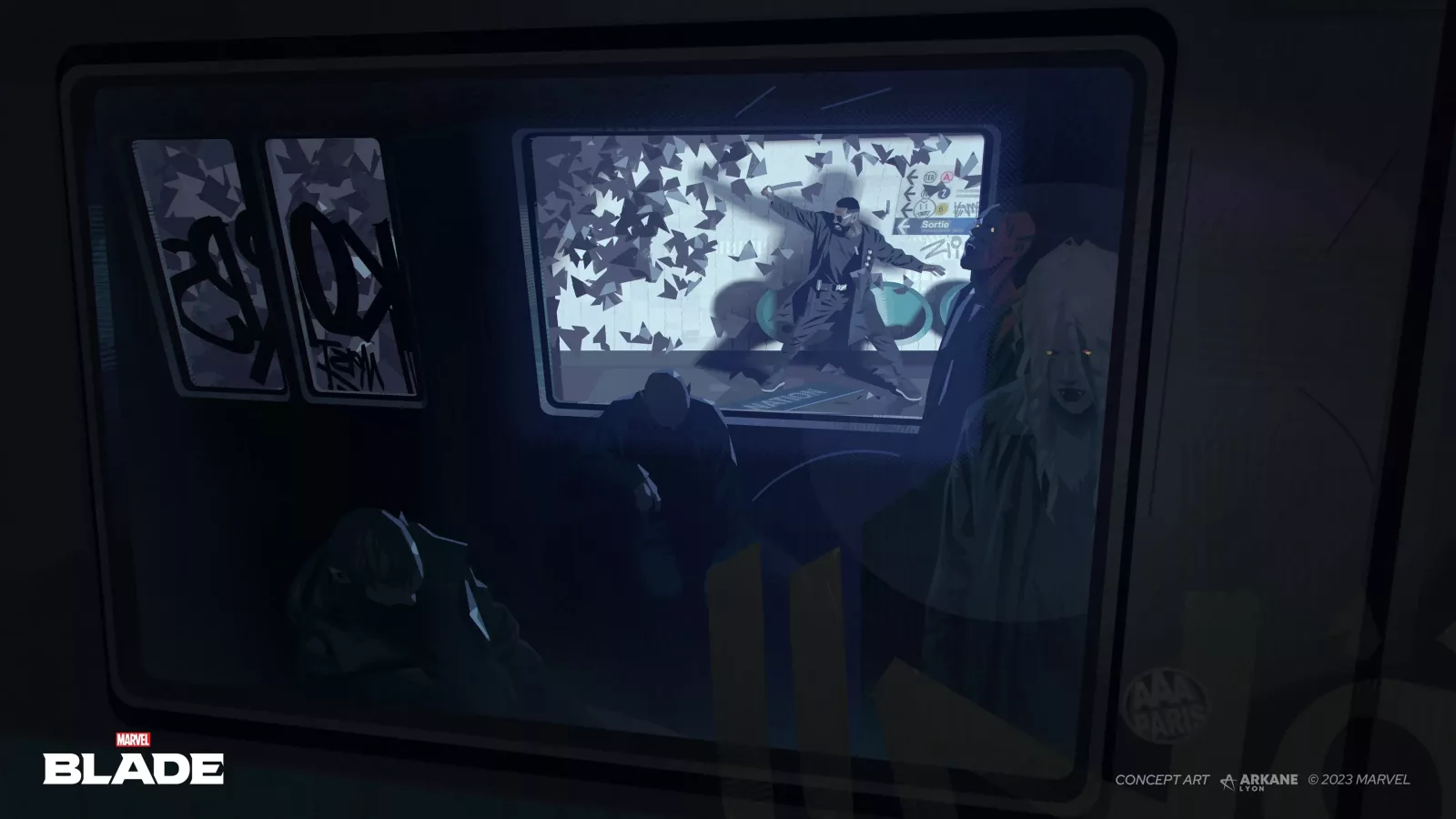 Koncept art za Marvel’s Blade sa Bladeom u vagonu pariskog metroa i slepim miševima iza prozora.