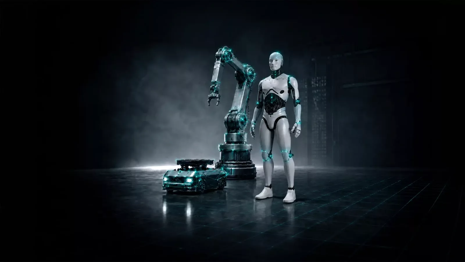 Roboti prikazani u tamnom, futurističkom okruženju.