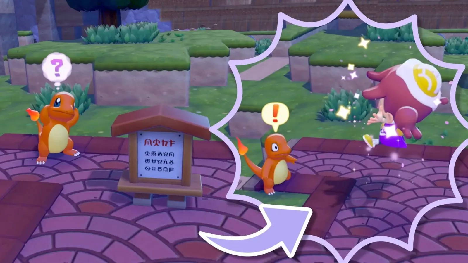 Charmander pored drvenog znaka i lik igrača koji iskače uz svetlucave efekte na travnatom terenu.