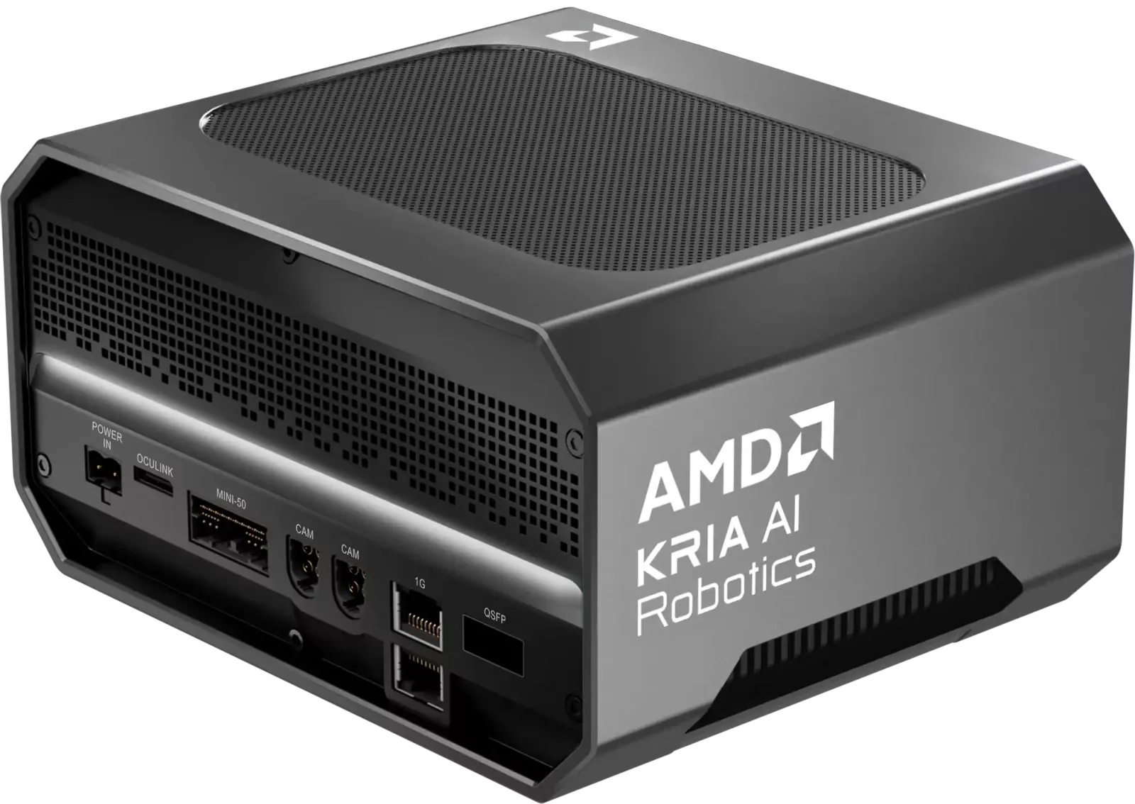 Kompaktni crni AMD Ryzen AI računar sa priključcima na prednjoj strani.