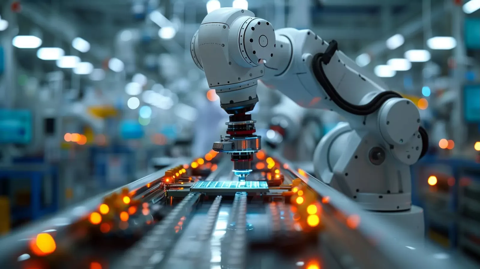 Industrijska robotska ruka radi u osvetljenom proizvodnom okruženju.