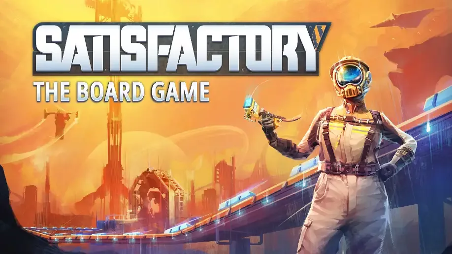 Radnik u zaštitnom odelu ispred industrijskih građevina, uz naslov Satisfactory: The Board Game.
