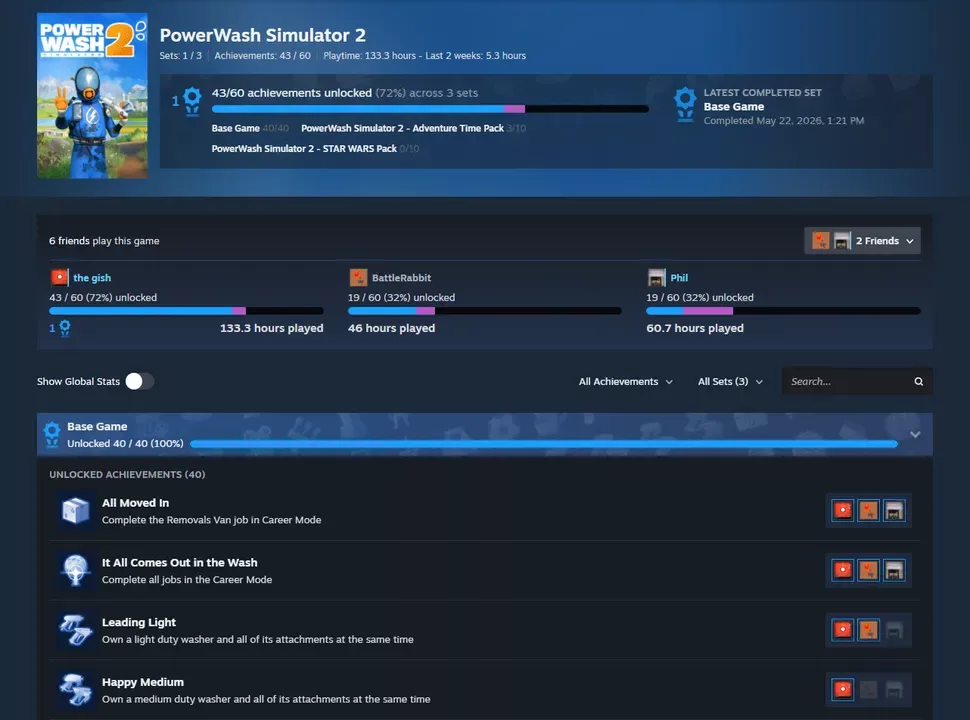 Steam interfejs sa prikazom achievement setova, napretka i poređenjem rezultata igrača.