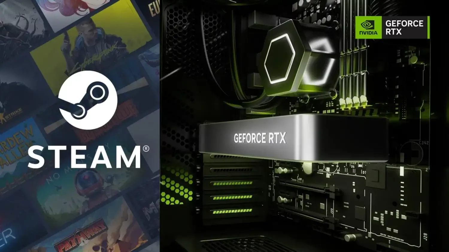 Steam logo preko naslovnica igara, pored unutrašnjosti računara sa NVIDIA GeForce RTX grafičkom karticom.