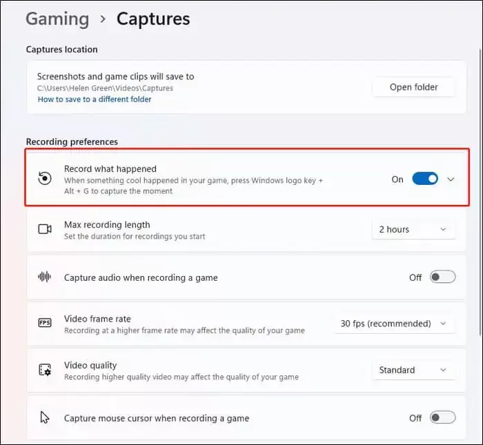Prozor Windows podešavanja Gaming > Captures sa opcijama za snimanje igre i čuvanje klipova.
